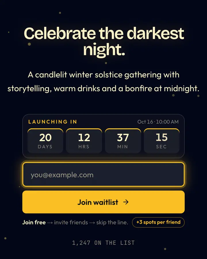 Winter Solstice — Holiday & Seasonal waitlist page template, near-black blue background