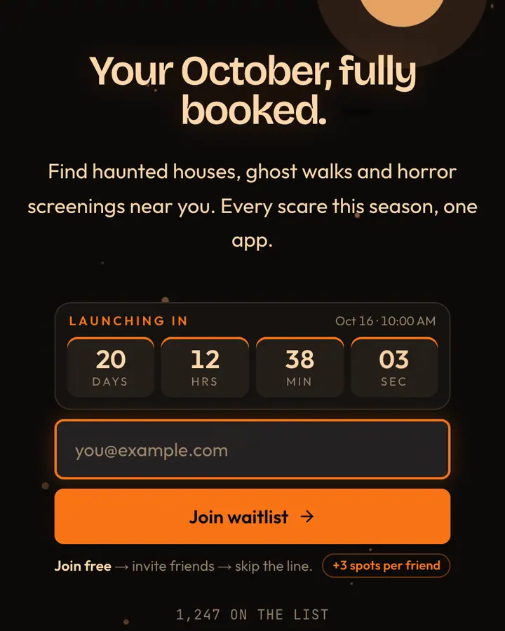Spooky Night — Holiday & Seasonal waitlist page template, near-black background