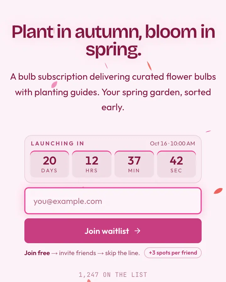 Spring Bloom — Holiday & Seasonal waitlist page template, pink-tinted white background