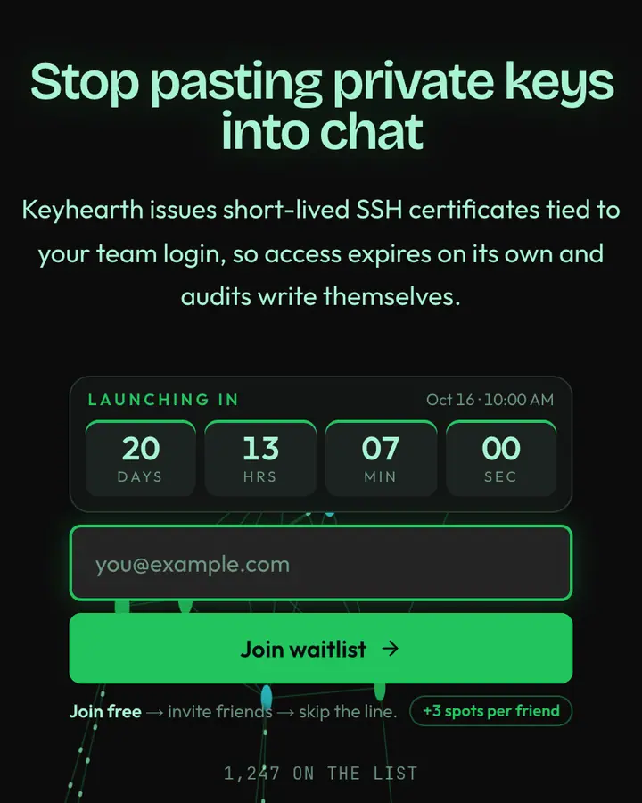 SSH Session — Terminal & Developer waitlist page template, near-black background