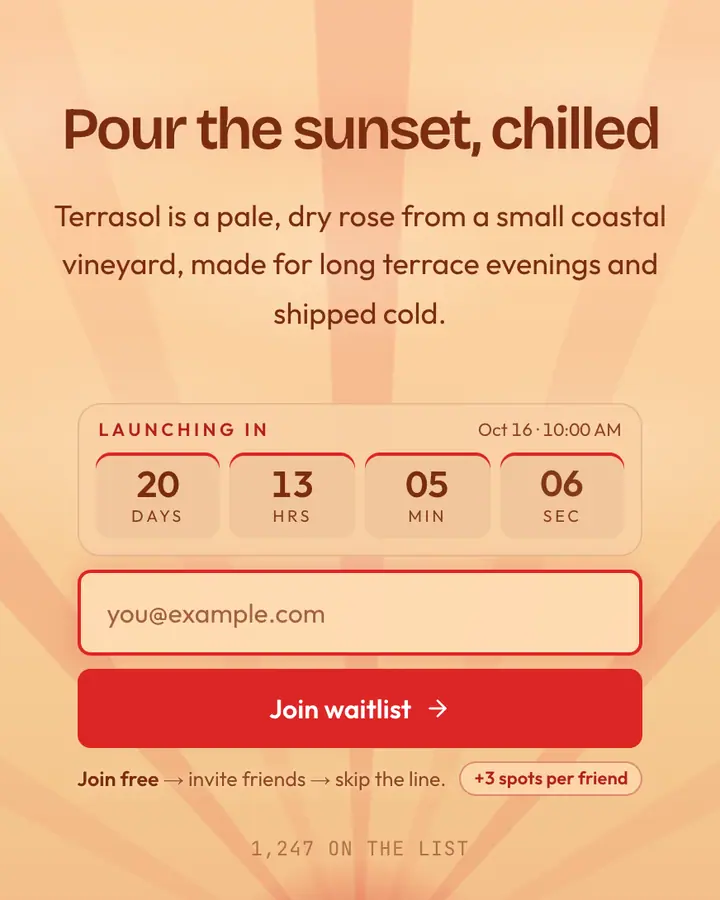 St Tropez — Luxury waitlist page template, pale orange background