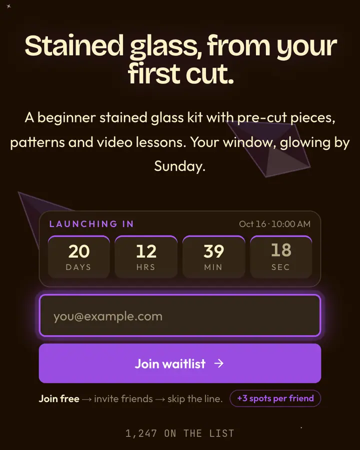 Stained Glass — Dark Academia waitlist page template, near-black vermilion background