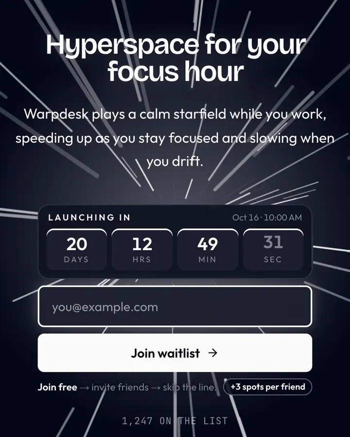 Starfield Screensaver — Y2K waitlist page template, near-black blue background