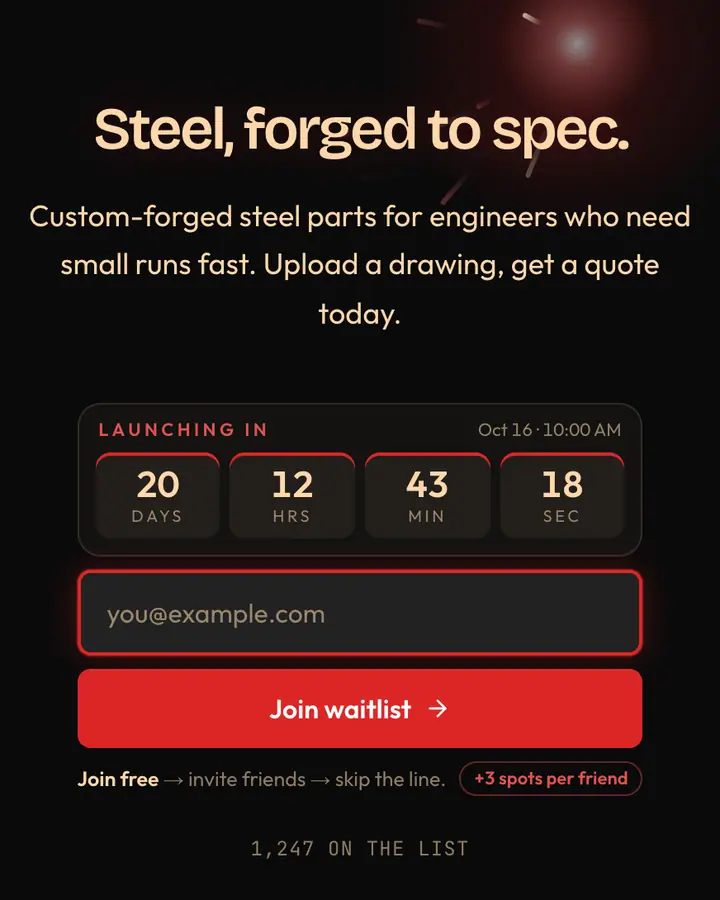 Steel Mill — Industrial & Brutalist waitlist page template, near-black background