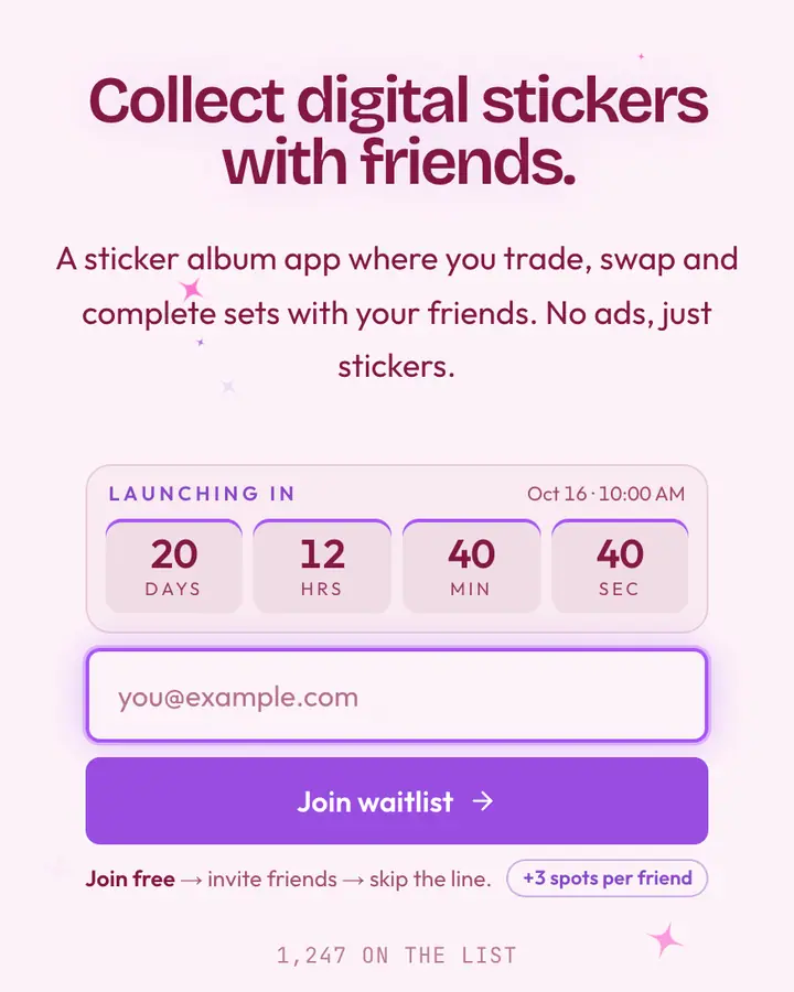 Sticker Book — Playful & Pastel waitlist page template, pink-tinted white background
