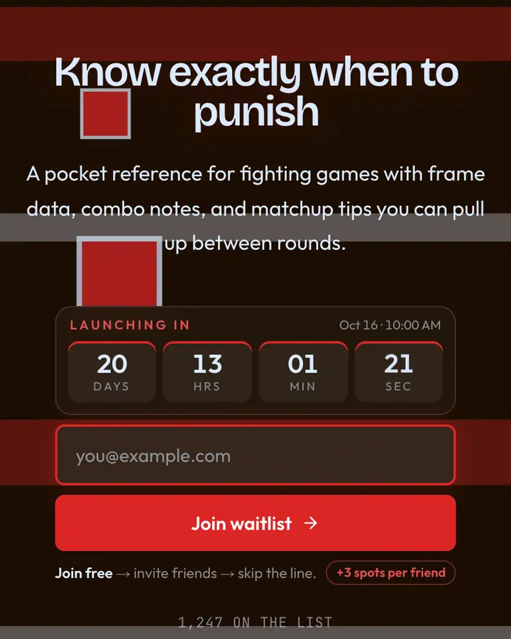 Arcade Fighter — Retro & Pixel Art waitlist page template, near-black vermilion background