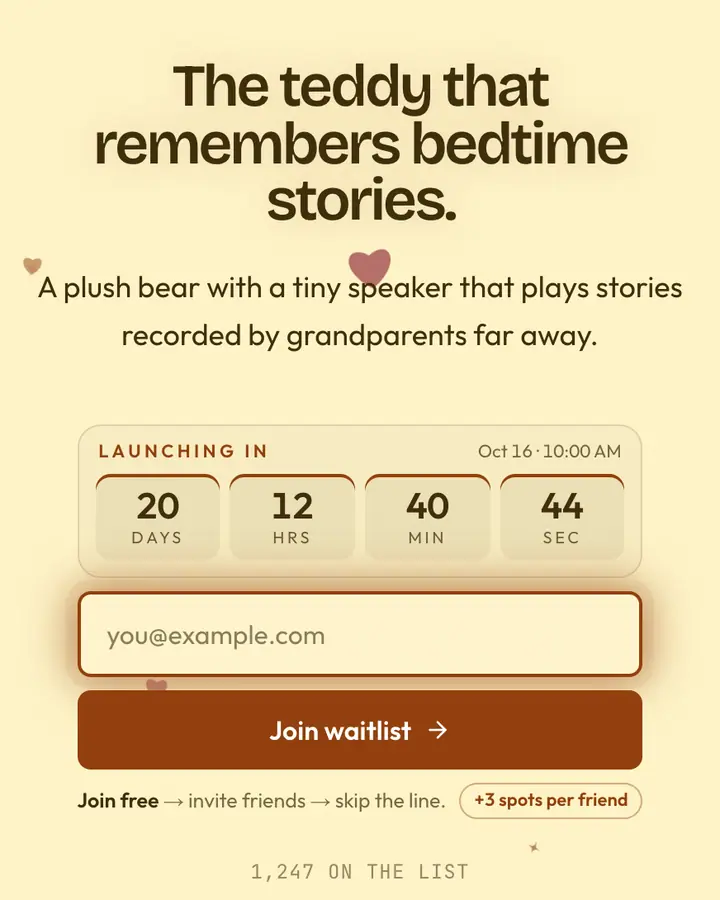 Stuffed Bear — Playful & Pastel waitlist page template, cream background