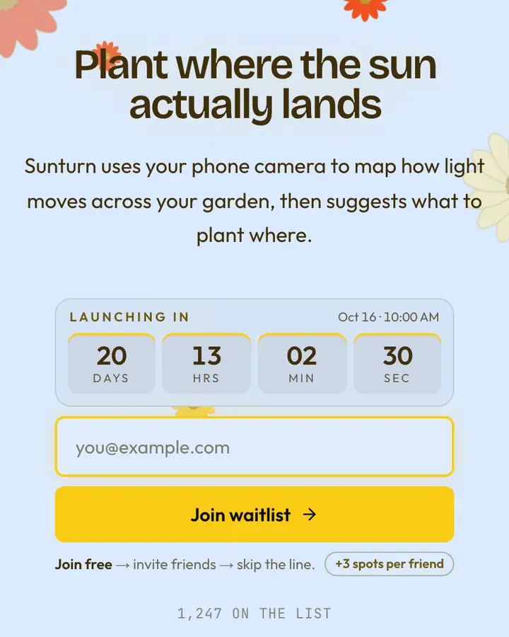 Sunflower Row — Nature & Organic waitlist page template, pale sky blue background