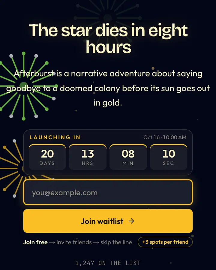 Supernova — Cyberpunk & Sci-Fi waitlist page template, near-black blue background