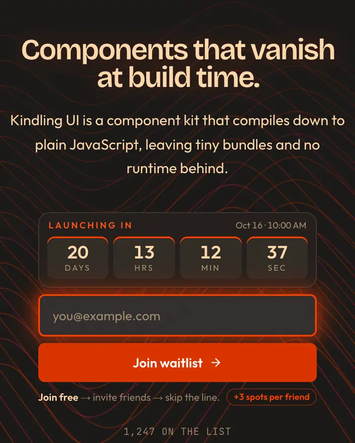 Compiler Orange — Tech & SaaS waitlist page template, charcoal background