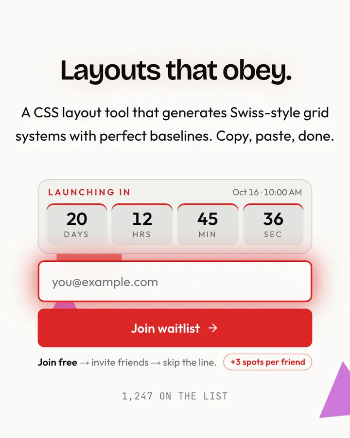 Swiss Grid — Editorial & Abstract waitlist page template, white background