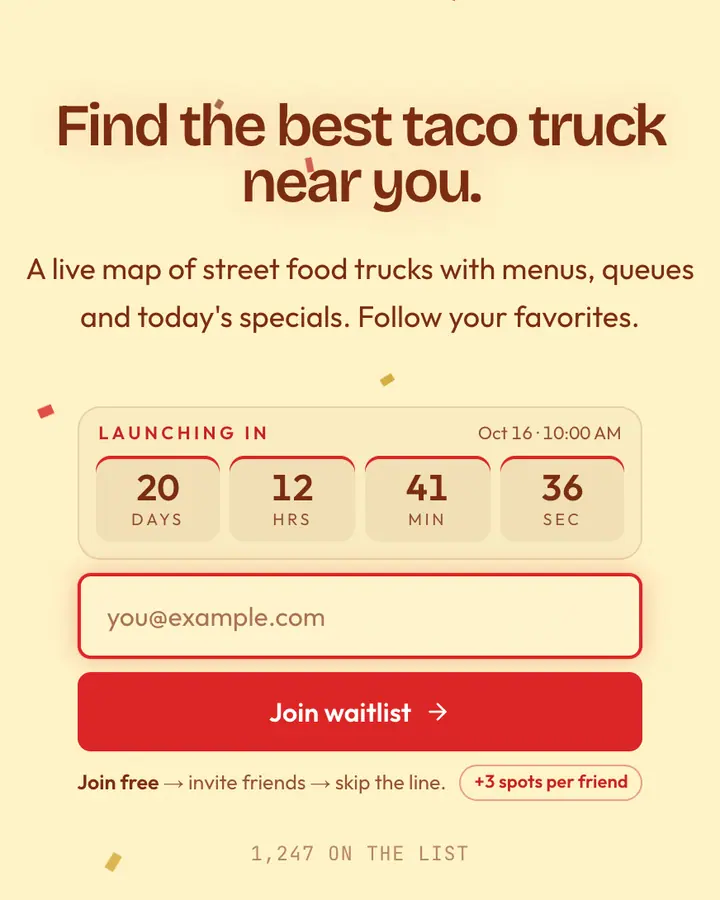 Taco Truck — Playful & Pastel waitlist page template, cream background