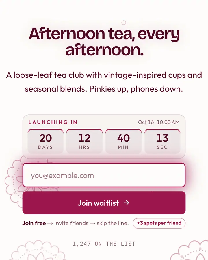 Tea Party — Coquette waitlist page template, amber-tinted white background