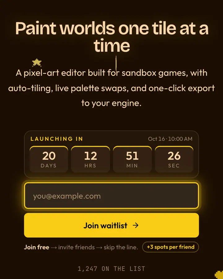Sandbox Pixel — Retro & Pixel Art waitlist page template, near-black vermilion background