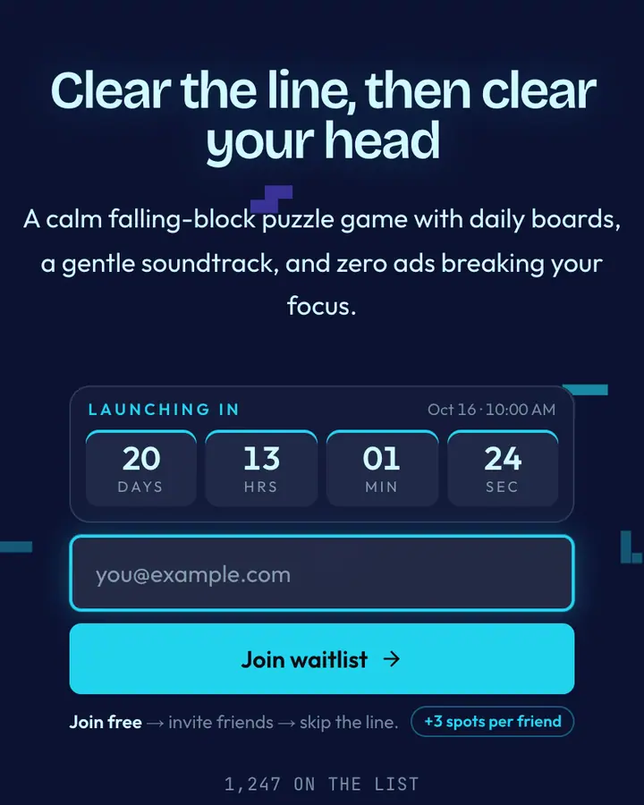 Falling L-Block — Retro & Pixel Art waitlist page template, deep blue background