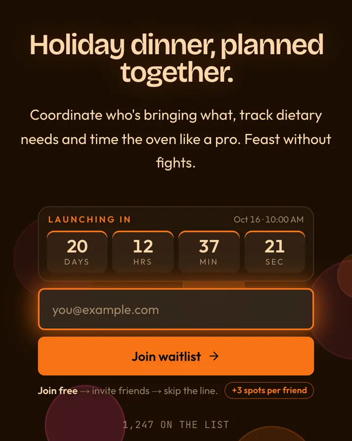Thanksgiving — Holiday & Seasonal waitlist page template, near-black vermilion background