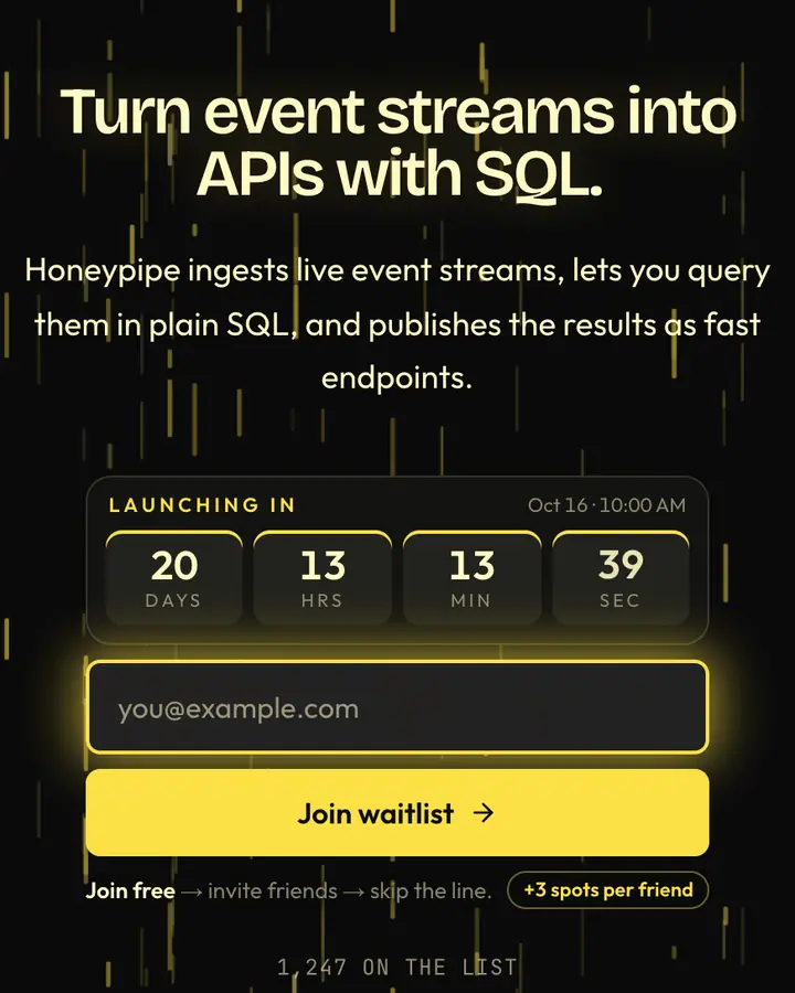 Stream Yellow — Tech & SaaS waitlist page template, near-black background