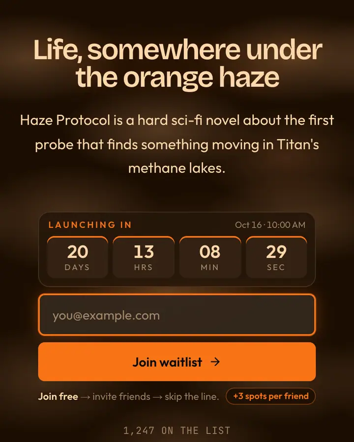 Titan Methane — Cyberpunk & Sci-Fi waitlist page template, near-black vermilion background