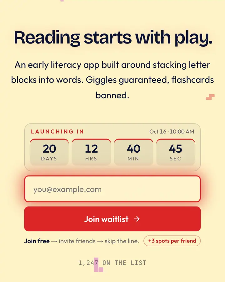 Toy Blocks — Playful & Pastel waitlist page template, cream background