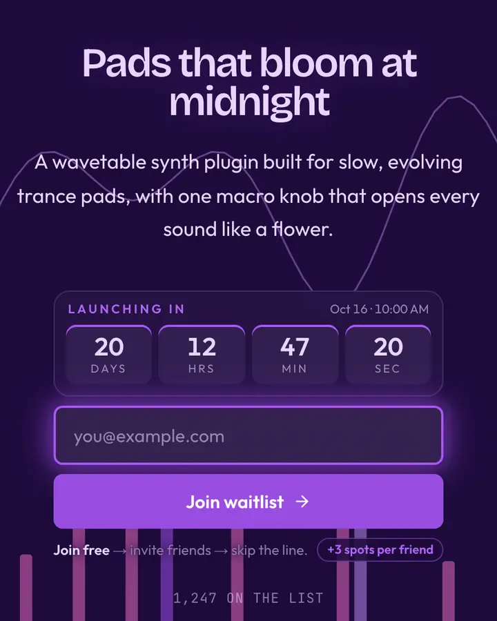 Trance Purple — Vaporwave waitlist page template, deep violet background