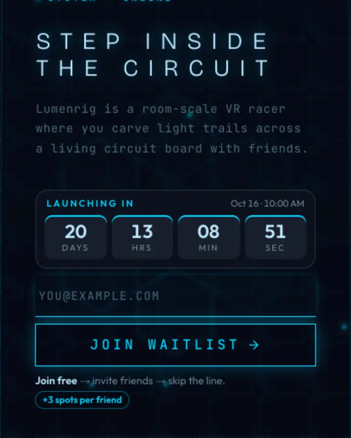 Neon Circuit — Cyberpunk & Sci-Fi waitlist page template, near-black indigo background