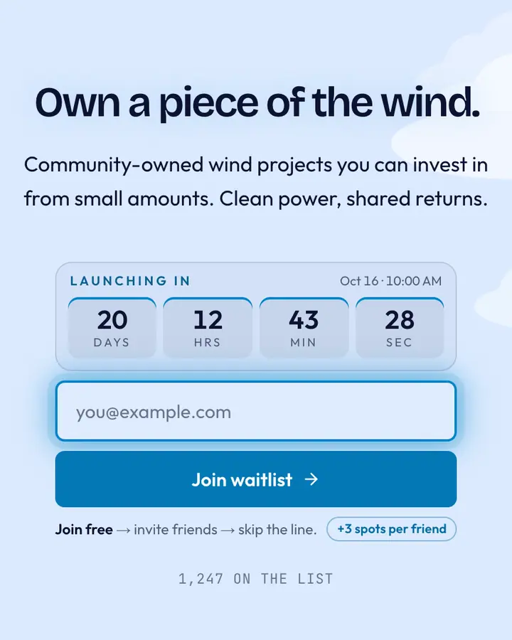 Turbine Blue — Industrial & Brutalist waitlist page template, pale sky blue background