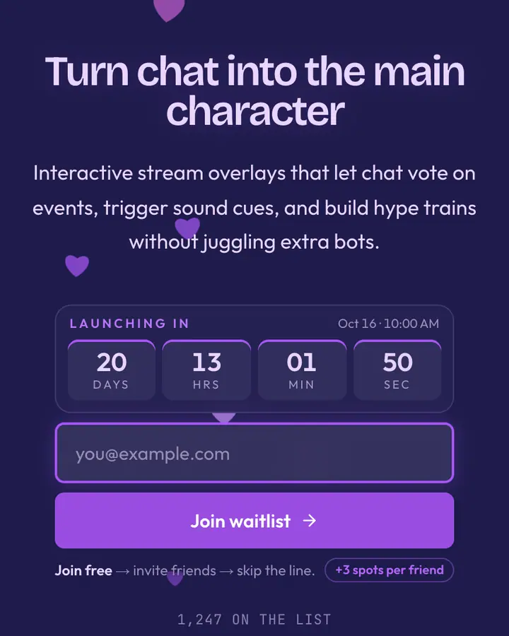 Stream Purple — Retro & Pixel Art waitlist page template, dark indigo background