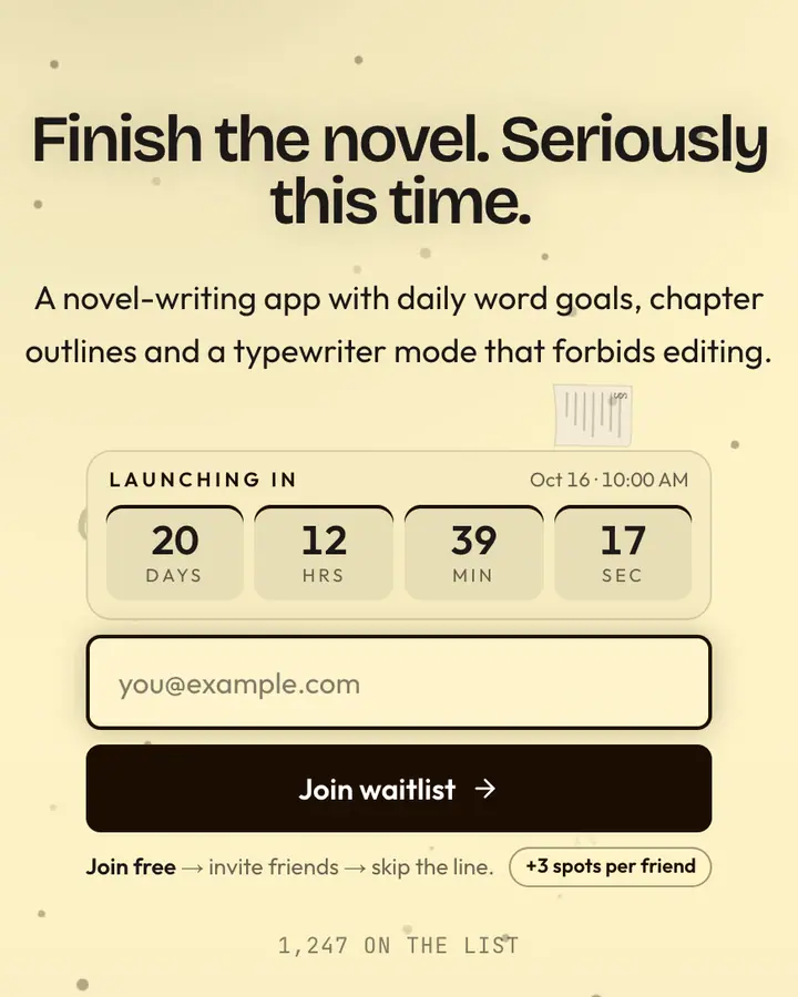 Typewriter Desk — Dark Academia waitlist page template, cream background