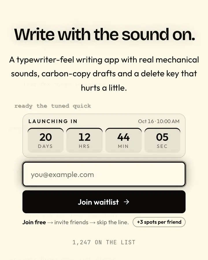 Typewriter Ink — Black & White waitlist page template, amber-tinted white background