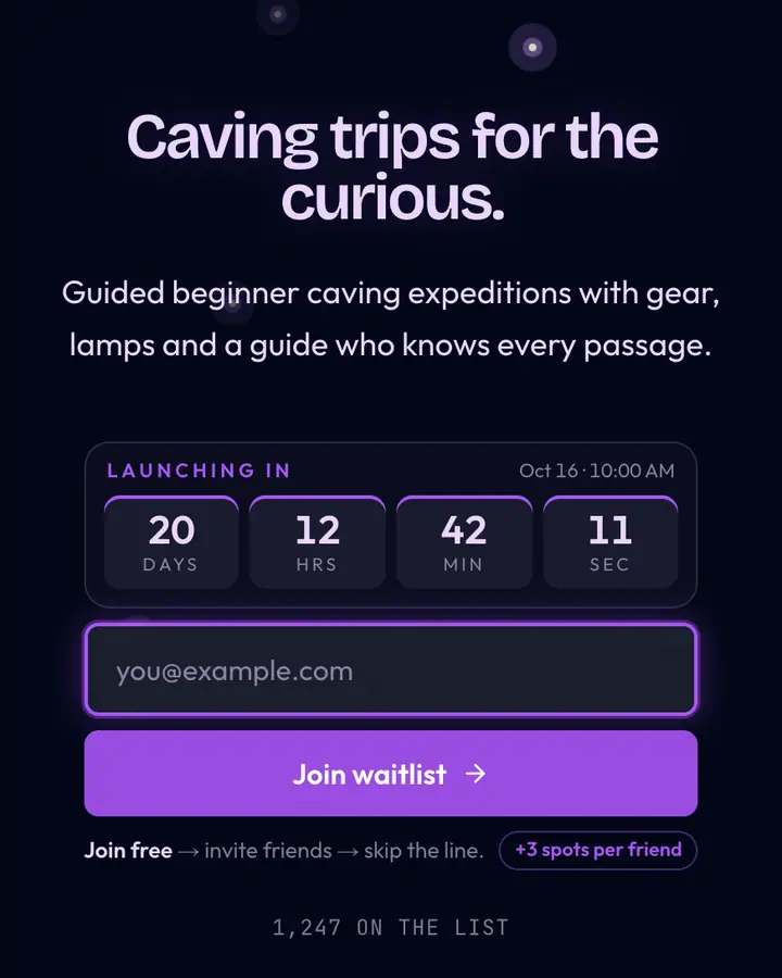 Underdark Violet — Fantasy waitlist page template, near-black blue background