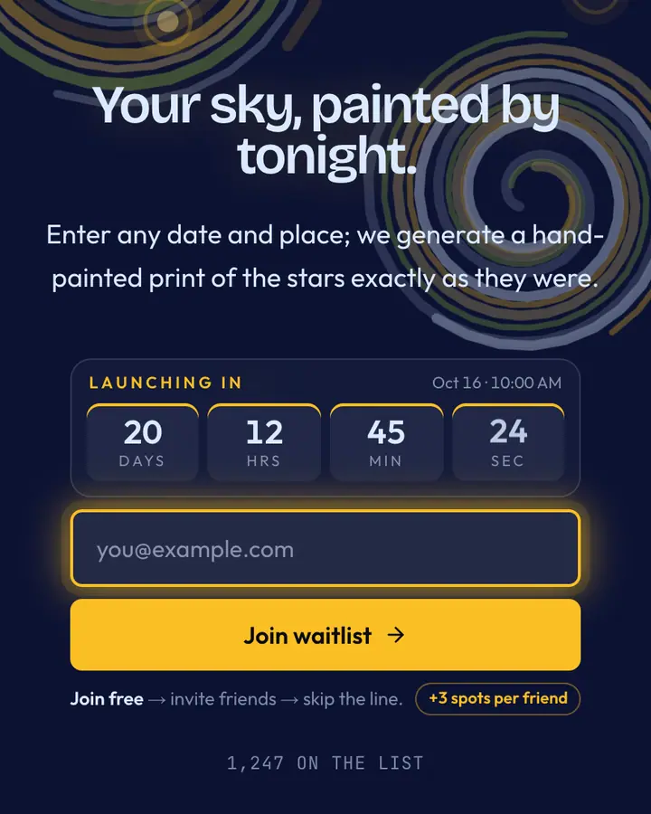 Starry Night — Editorial & Abstract waitlist page template, deep blue background