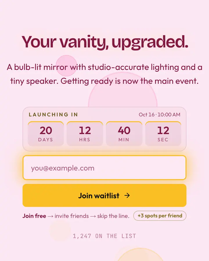 Vanity Mirror — Coquette waitlist page template, pale pink background