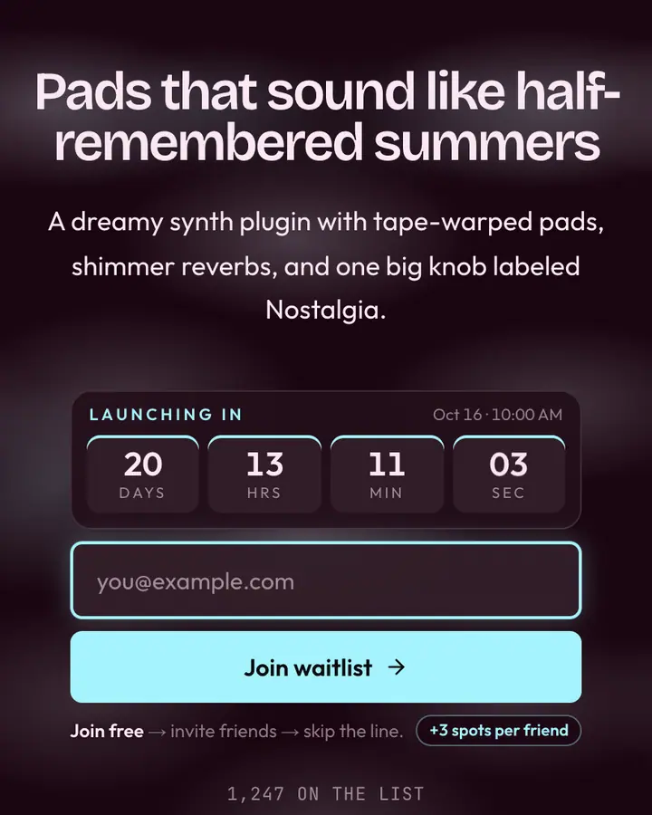 Vapor Glass — Glassmorphism waitlist page template, near-black pink background