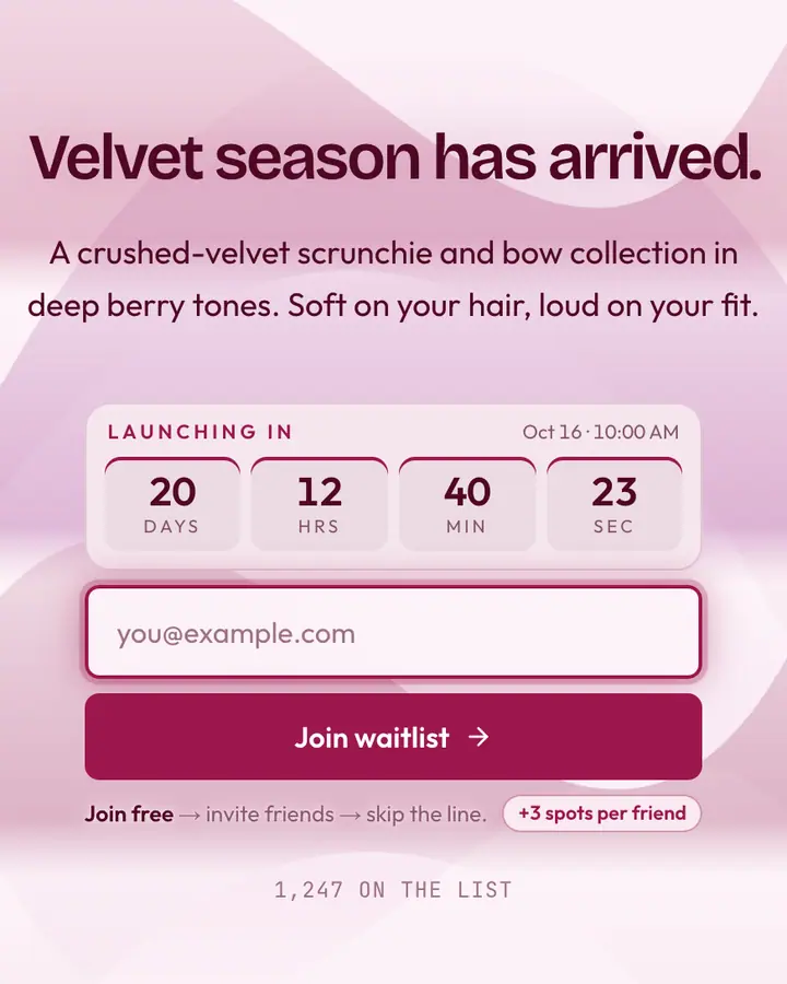 Velvet Bow — Coquette waitlist page template, pink-tinted white background