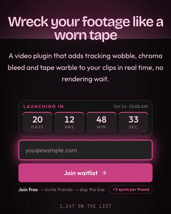 VHS Static — Vaporwave waitlist page template, near-black background