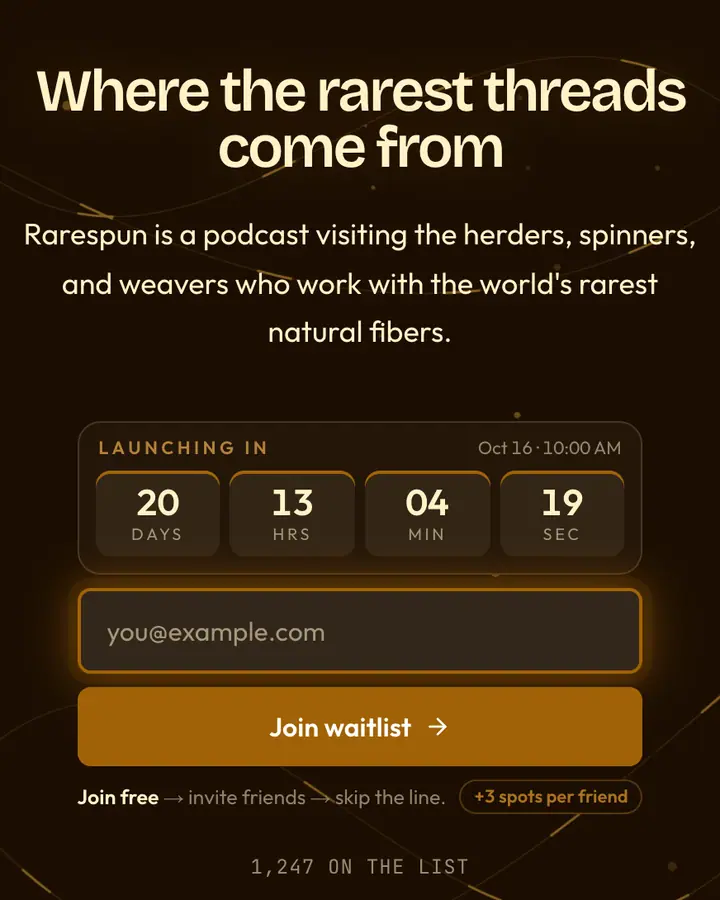 Vicuna Brown — Luxury waitlist page template, near-black vermilion background