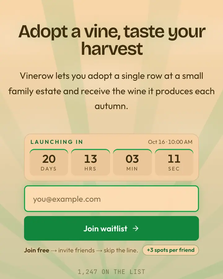 Vineyard Row — Nature & Organic waitlist page template, pale orange background