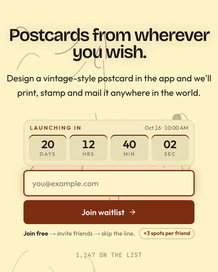 Vintage Postcard — Coquette waitlist page template, cream background