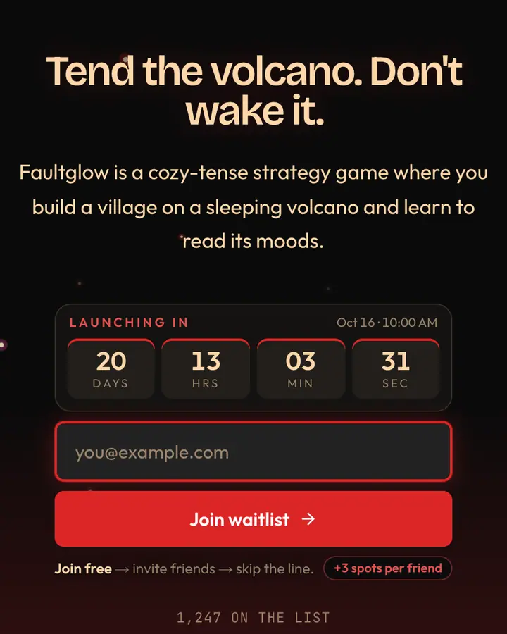 Volcanic Lava — Nature & Organic waitlist page template, near-black background