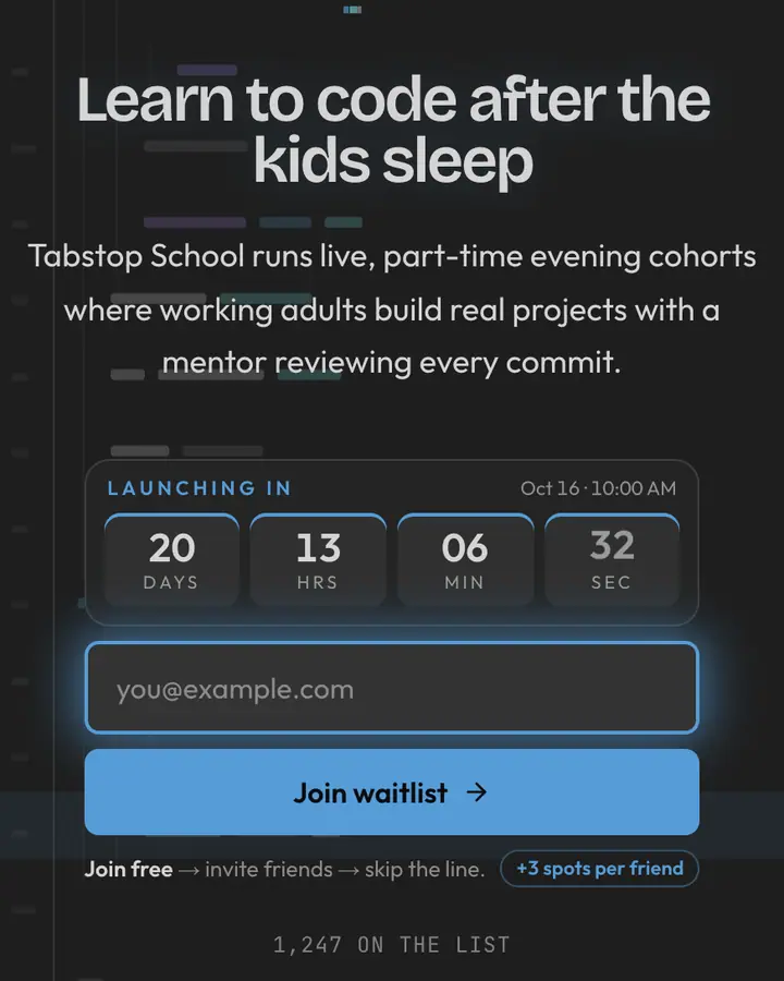 Editor Dark — Terminal & Developer waitlist page template, charcoal background