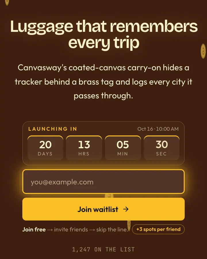 Trunk Monogram — Luxury waitlist page template, brown background