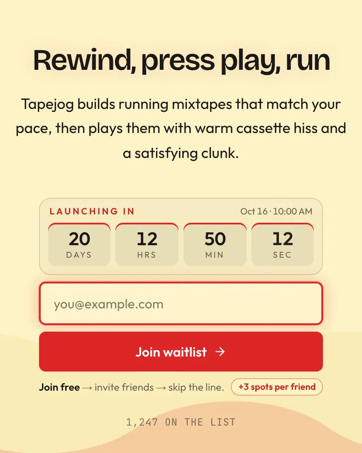 Tape Player Yellow — Y2K waitlist page template, cream background
