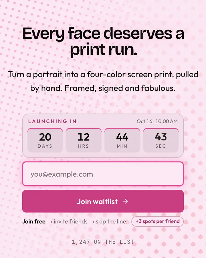 Pop Portrait — Editorial & Abstract waitlist page template, pale pink background