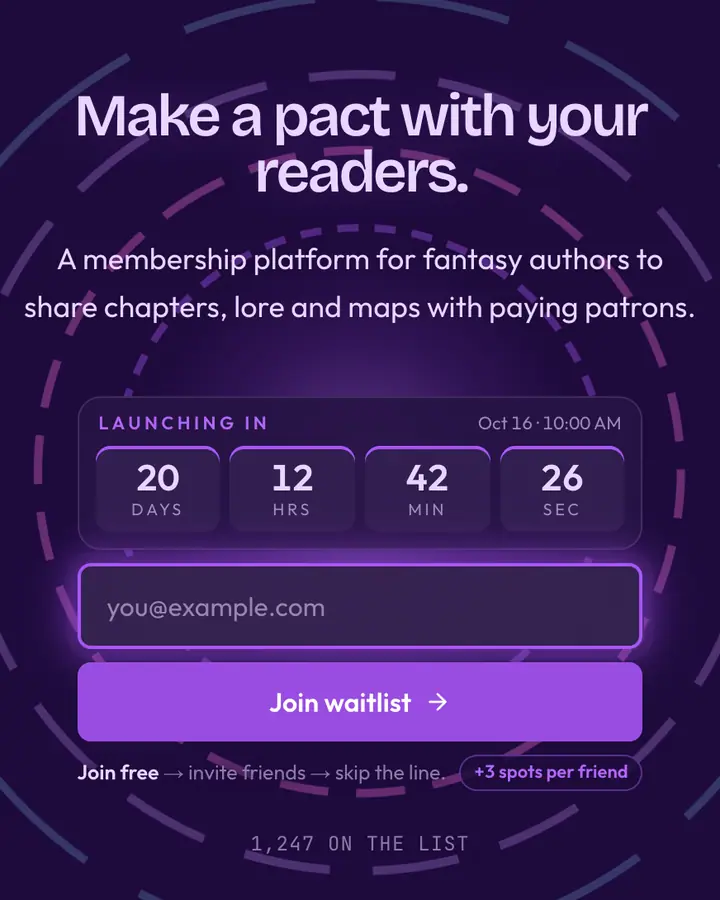Warlock Pact — Fantasy waitlist page template, deep violet background