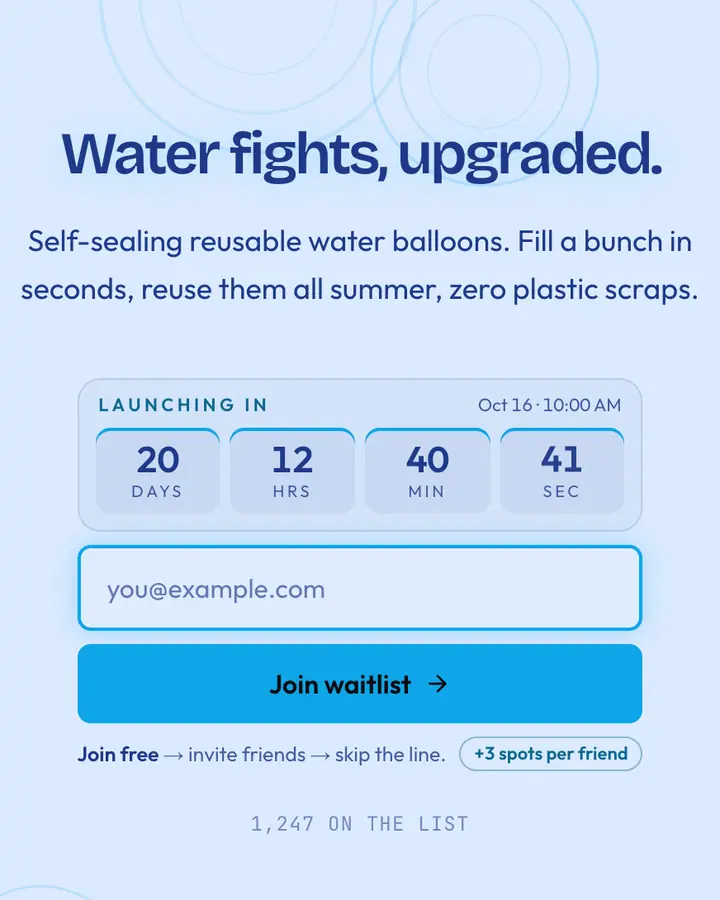 Water Balloon — Playful & Pastel waitlist page template, pale sky blue background