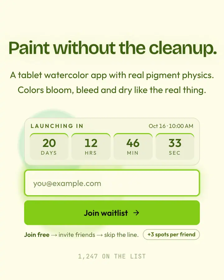 Watercolor — Editorial & Abstract waitlist page template, yellow-tinted white background