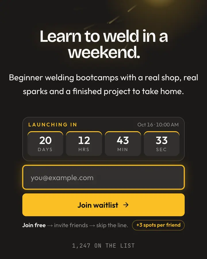 Weld Arc — Industrial & Brutalist waitlist page template, charcoal background