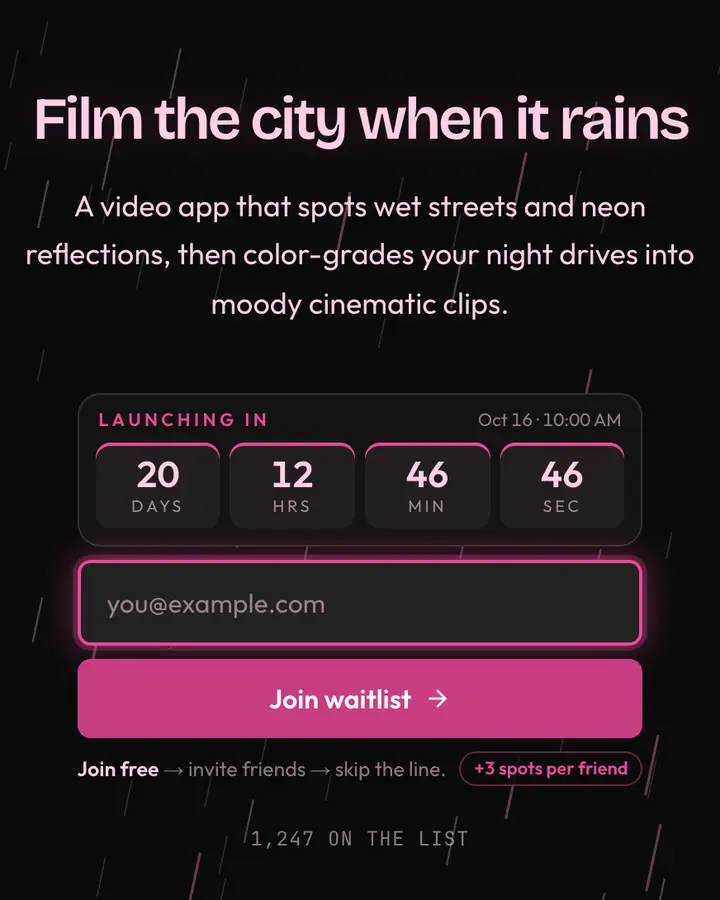 Wet Road — Vaporwave waitlist page template, near-black background
