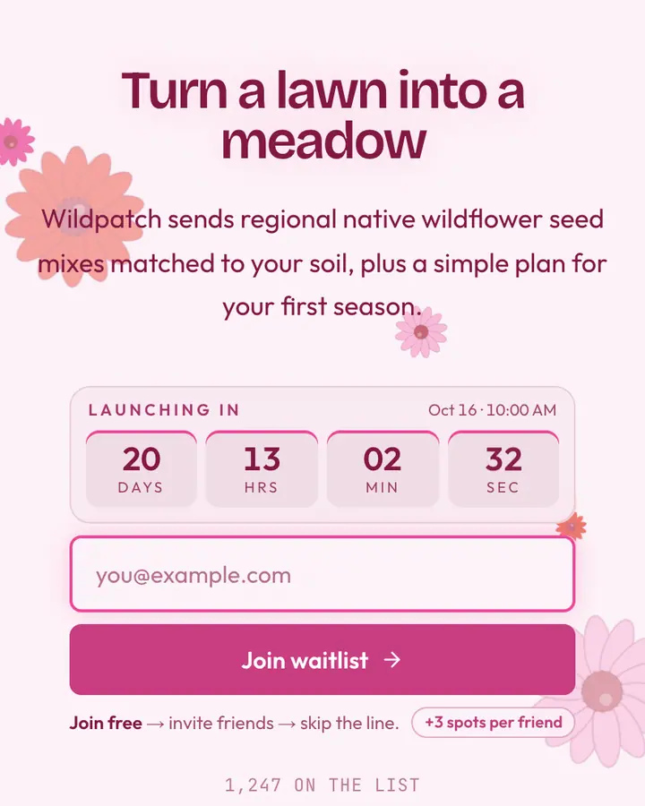 Wildflower — Nature & Organic waitlist page template, pink-tinted white background