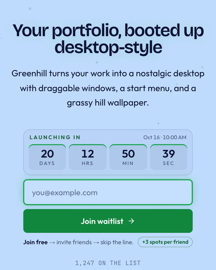 Rolling Hills Desktop — Y2K waitlist page template, pale sky blue background